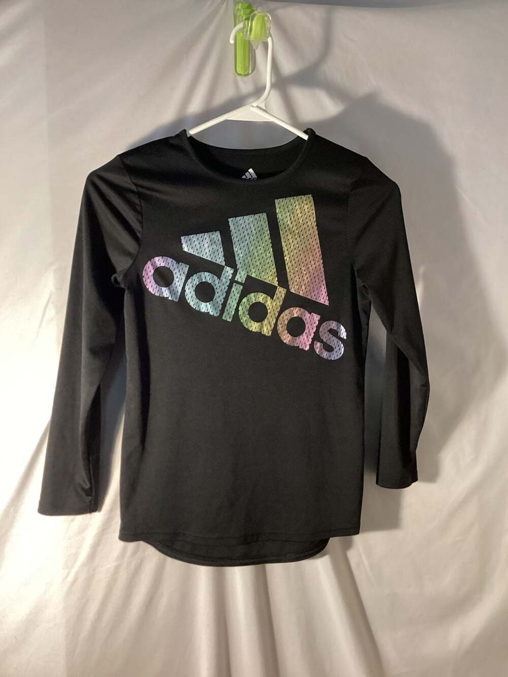 adidas Girls Climalite Long Sleeve Performance Graphic T-Shirt Black with Rainbo